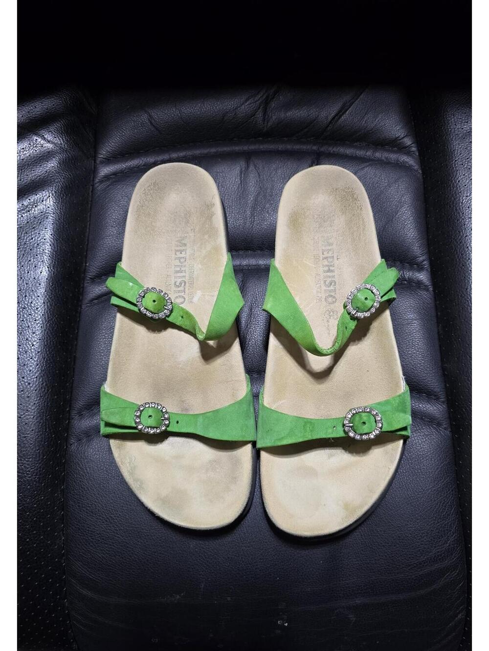 Mephisto Green Footbed Sandals With Rhinestone Buckles